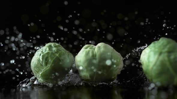 Brussels sprouts falling on water surface. Slow Motion. alt