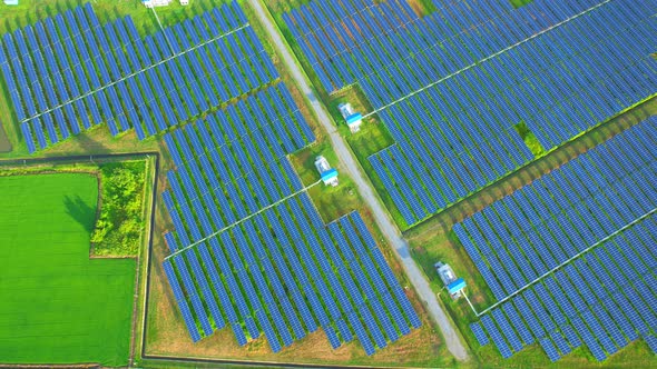 Aerial Top View of Solar Farm. 4k drone footage. alt