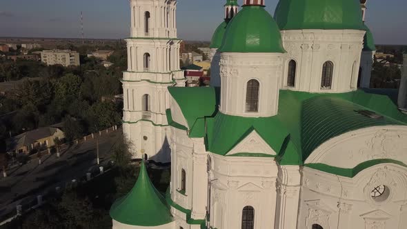 Aerail view to Cathedral Nativity Blessed Virgin in Kozelets, Chernihiv region, Ukraine alt