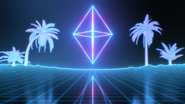 Retro Futuristic 80s Neon Glow Light Wireframe Above Synthwave Grid - 1080p alt