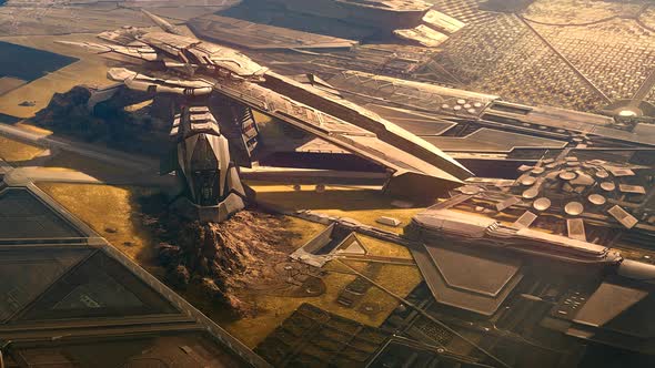 A futuristic military base. Landscape with hangars, marine barracks, spaceships. alt