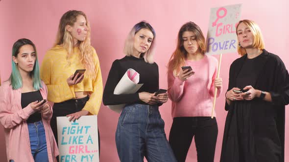 Group of Young Caucasian Feminists Girls Fighting for Women Rights Together alt