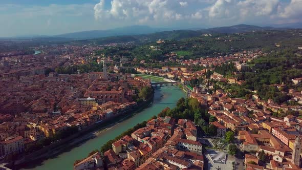 Verony Italy Skyline Aerial Footage in . View of Riva and Bridge in Verona City. Left Side Old Town alt