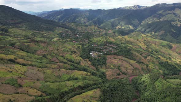 Ariel landscape view of rural village in valley