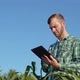 A Young Farmer Agronomist with a Beard Holds a Tablet in His Hands and Makes Notes Standing in the - VideoHive Item for Sale