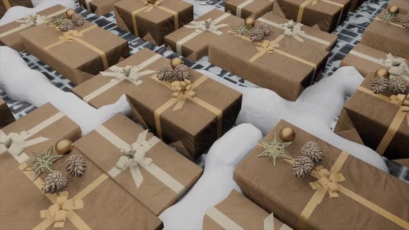 3D render. Wrapped in paper gift boxes decorated with ribbon and cones.