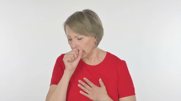Old Woman Coughing on White Background alt