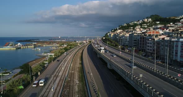 Tram Highway And Sea Aerial View