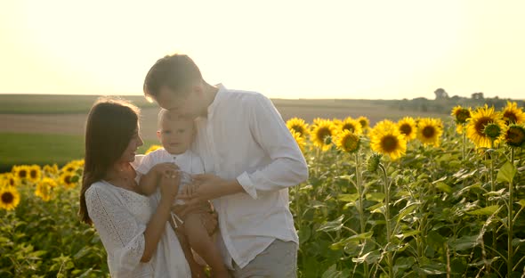 Young Family with Little Son Having Good Time in Sunflower Field at Sunset alt