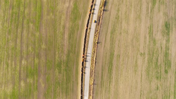 Aerial View of Autumn Road Car. Skyl View Country Road in Autumn. Field and Highway Road Drone View