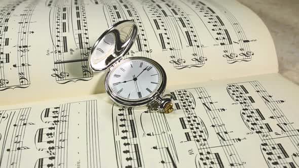 Retro Watch on the Background of Musical Notes alt