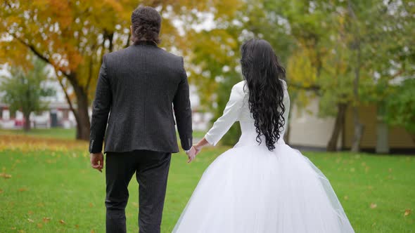 Just Married Couple is Walking in Garden Bride and Groom are Holding Hands Rear View alt