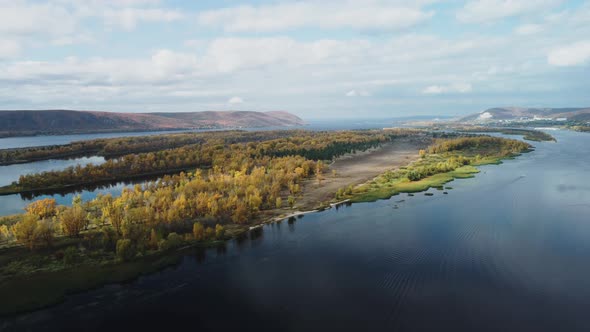 Aerial view of the islands on the Volga river in autumn.