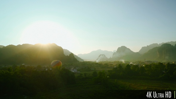 4K Dramatic Nature Landscape View, Beautiful Light Sunrise Over Mountains in Aerial View