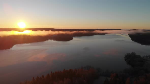 Sunset Soft Cloud at Forest Lake Wide Shot Aerial