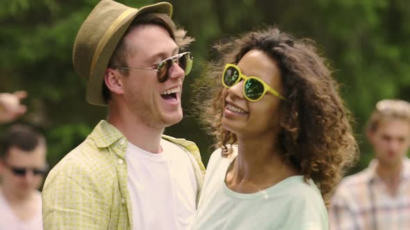 Beautiful Young Lady Hugging Handsome Man, Romantic Couple Dancing at Party alt