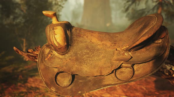 Vintage Leather Horse Saddle on the Dead Tree in Forest at Sunset alt