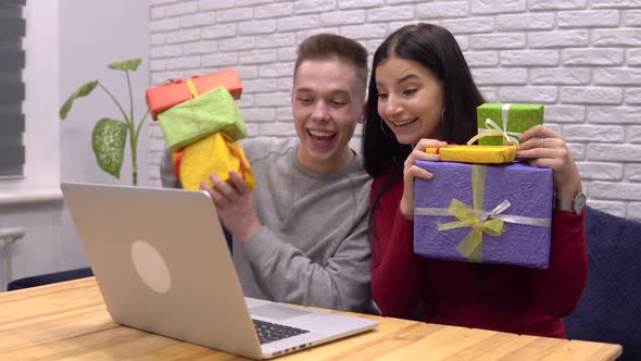 Happy Cute Couple Give Presents Online By Video Call Distance Celebration