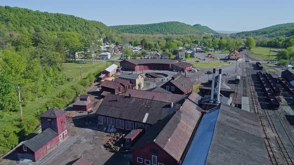 Aerial View of an Abandoned Narrow Gauge Coal Rail Road Round House and Turntable alt