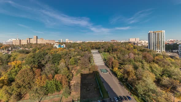 Aerial Panoramic View To a Staircase with Fountains in the Shevchenko Garden Timelapse alt