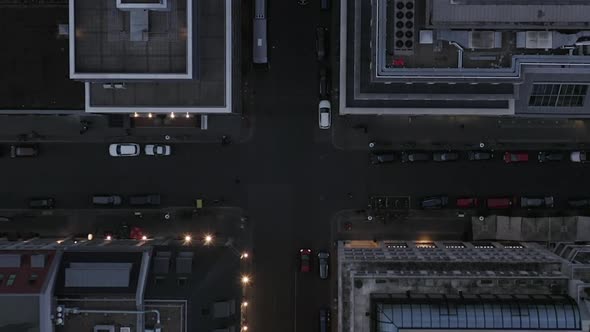 AERIAL: Beautiful Overhead View of Downtown Berlin Mitte, Germany with Car Traffic and City Lights  alt