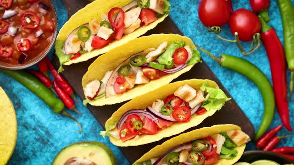 Mexican Taco with Chicken Meat Jalapeno Fresh Vegetables Served with Guacamole alt
