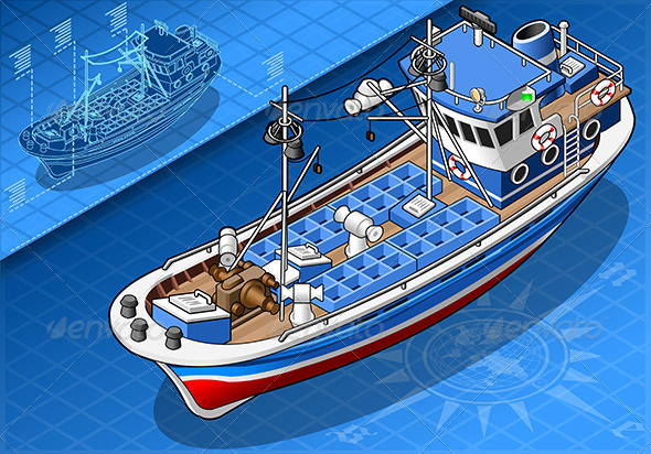 Isometric Fishing Boat Isolated in Front View - Objects Vectors