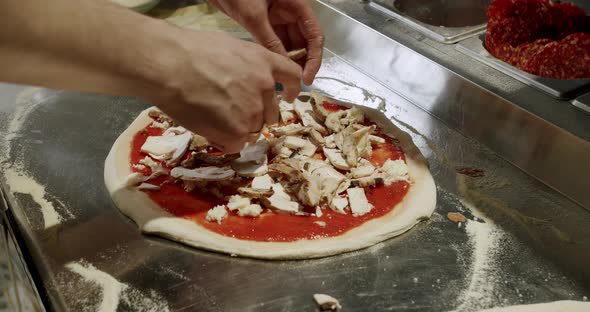 The chef prepares fresh pizza in the restaurant kitchen. Italian pizza. alt