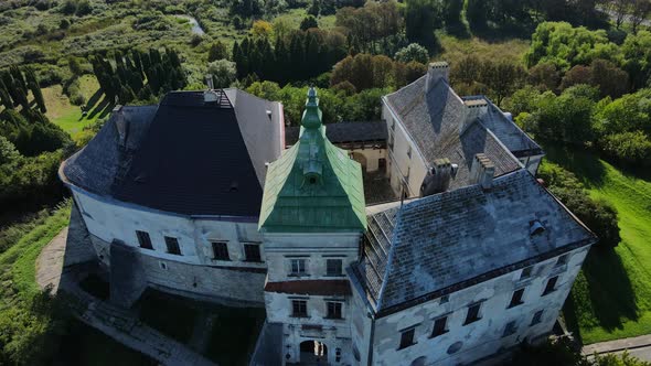 Aerial Shot Village Olesk Castle. Ukraine alt
