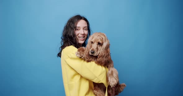 Funny English Cocker Spaniel Posing with a Woman in Studio alt