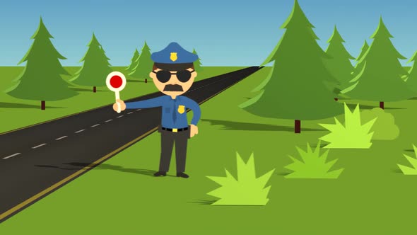 2d animation of the police officer from the highway patrol stopping the car. alt