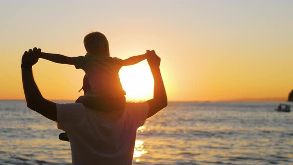 Happy Family Father and Little Son Silhouettes Playing on Beach alt