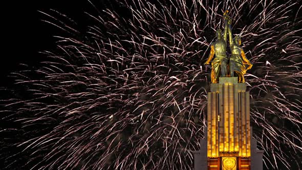 fireworks and soviet monument Rabochiy i Kolkhoznitsa, Moscow, Russia.Made of in 1937