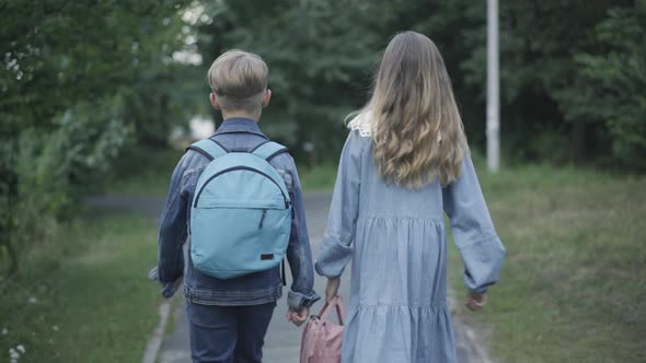 Back View of Two Caucasian Schoolchildren Walking with Backpacks Along Autumn or Spring Alley alt