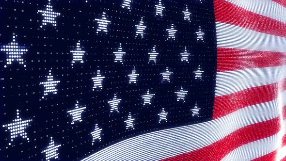 USA flag waving digital dots motion design. Independence Day modern background.