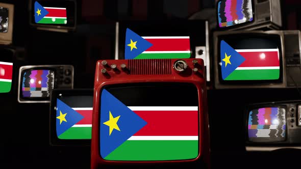 Flag of South Sudan on Retro TVs. 4K.