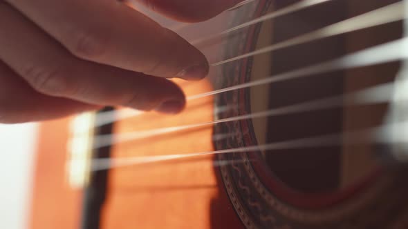 Closeup Fingers of Musician Man Playing on Strings of an Acoustic Guitar Performing Music alt