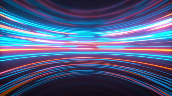 Glowing round illuminated lines in the dark round room. alt