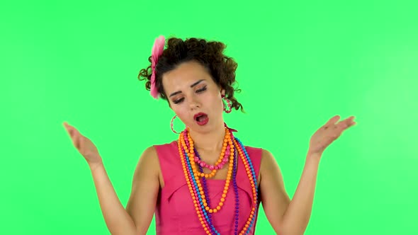 Young Tired Woman Cooling Herself By Her Hand, Suffering From High Temperature Weather. Green Screen alt