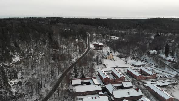 Jonsered Church and Traditional Community At Winter Outside Gothenburg Aerial