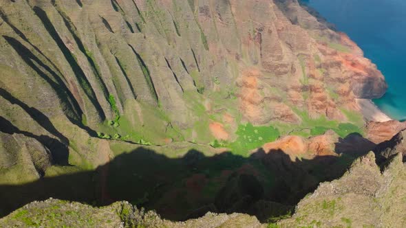 Napali Coast Park on Kauai Island Hawaii Drone Above Helicopter Flying Low alt