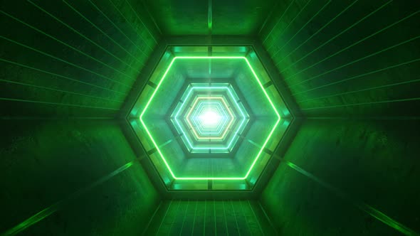 Sci-Fi Green Glowing Neon Lights Hexagon Tunnel Futuristic Corridor ...