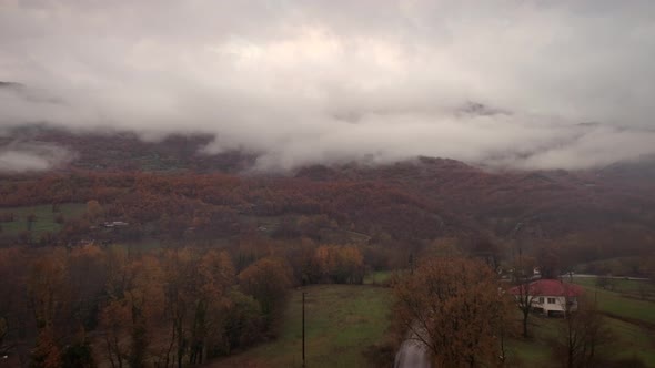 Aerial view of cloudy landscape with many colorful trees. alt