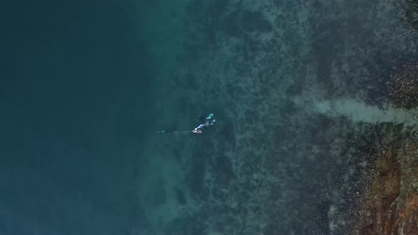 High view of scuba divers swimming underwater with equipment on a sunken tropical reef in blue water alt