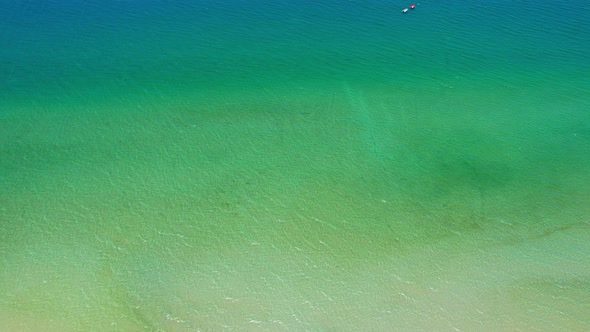 Aerial view, top view of white tropical beach with coconut trees alt