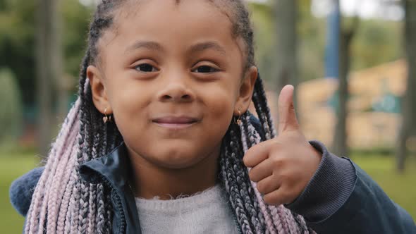 Portrait Happy Smiling Afro American Schoolgirl Little Girl African Showing Thumb Up Like Support alt