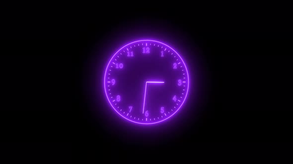 Purple Neon Light Analog Clock Isolated Animated On Black Background alt
