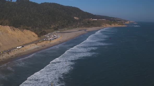 Aerial Drone Shot of Beach  Kiteboarders and Windsurfers (Waddell Beach, Pacific Coast Highway, CA)
