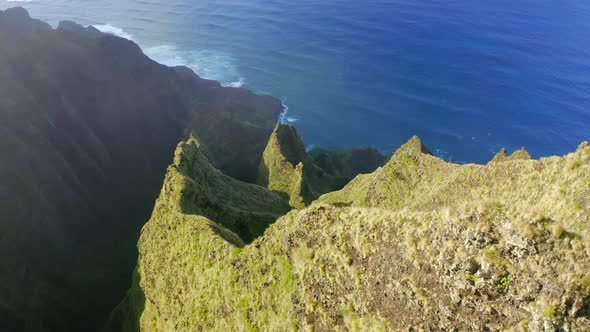 Aerial View of Green Tropical Mountain Peaks at Na Pali Park, Hawaiian Coastline alt