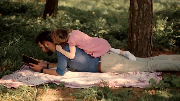 Little Girl Laying On Father Back. Single Parent Dad Teach Adorable Cute Preschool Child Girl. alt